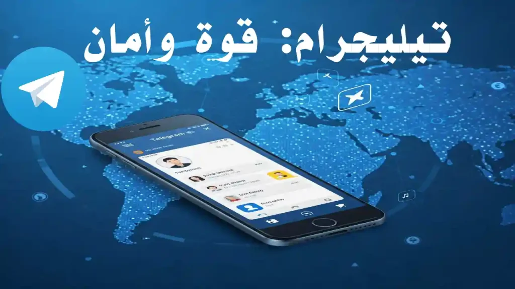 تيليجرام - الأمان والابتكار في منصة تواصل عالمية | Info All Tec شعار تليجرام على خلفية هاتف ذكي مع رموز أمان