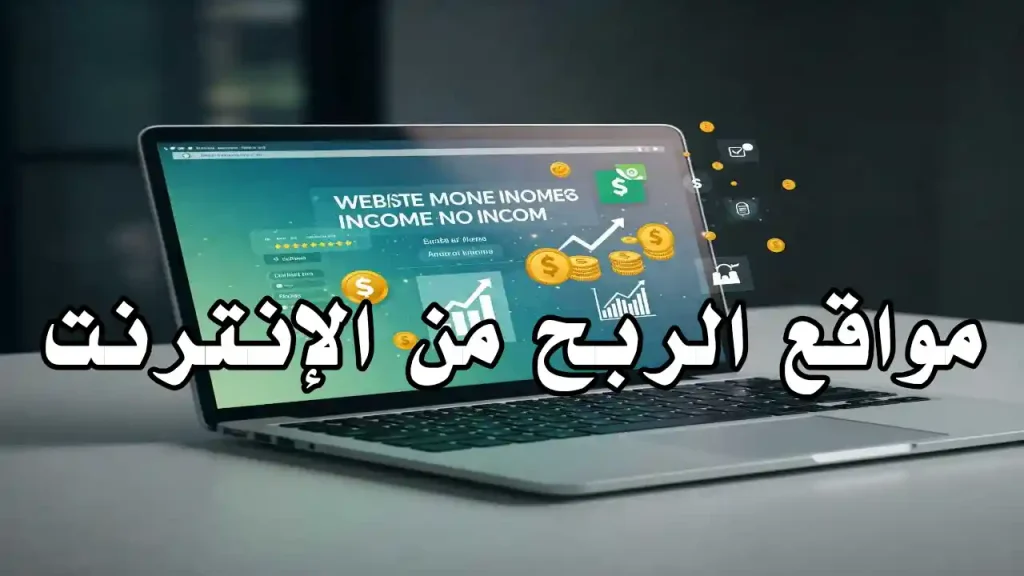 شخص يعمل على لابتوب تظهر عليه رموز المواقع الإلكترونية والمال