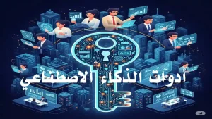 شخص يستخدم أدوات AI في بيئة عمل رقمية حديثة