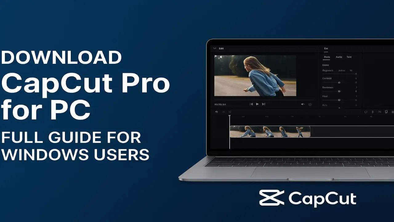 A Windows laptop displaying CapCut Pro video editing interface, with text saying 'Download CapCut Pro for PC – Full Guide for Windows Users' on a blue background.