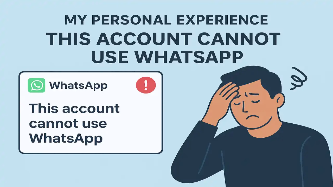 Illustration of WhatsApp ban issue showing the message "This account cannot use WhatsApp" with a worried man beside it.