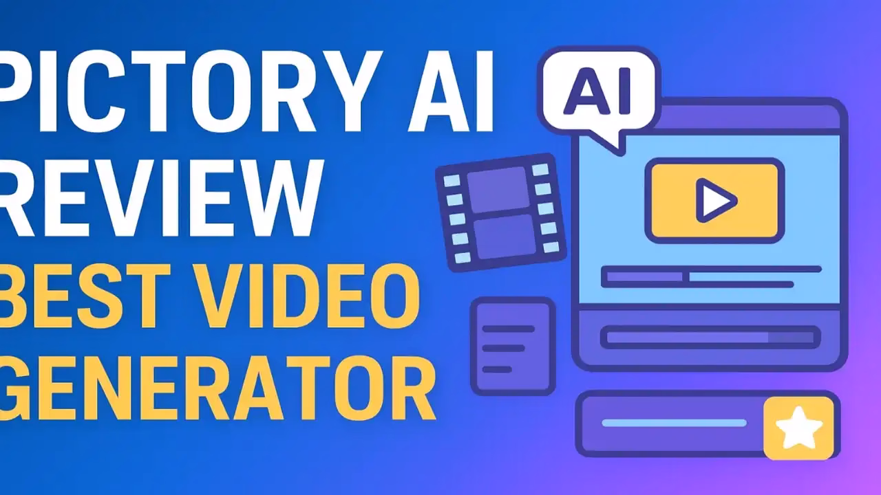 A modern digital illustration showcasing Pictory AI, highlighting its features as the best video generator for creators and marketers in 2025.
