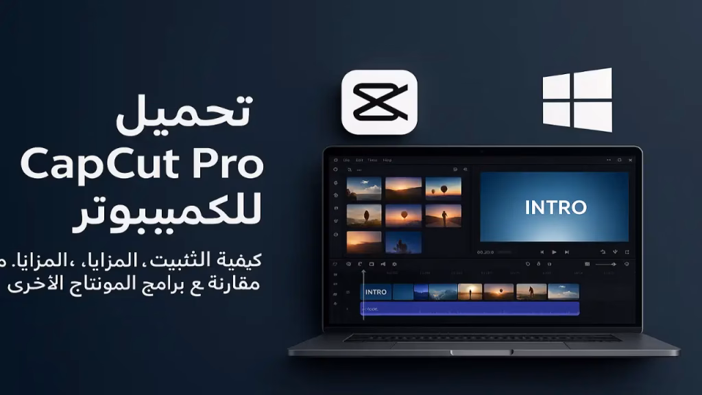 تحميل CapCut Pro للكمبيوتر (ويندوز 10/11): الدليل الشامل | Info All Tec واجهة برنامج capcut pro للكمبيوتر مع لابتوب يعرض شاشة المونتاج، وشعار ويندوز للدلالة على دعم نظام التشغيل.