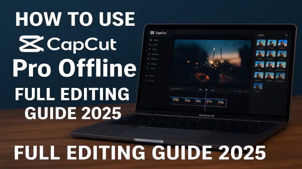 A horizontal professional banner showing a MacBook Pro on a wooden desk with CapCut’s video editor interface visible, representing a 2025 tutorial on CapCut Pro Offline editing without internet.