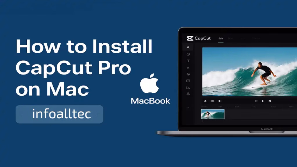 A professional horizontal banner featuring a MacBook displaying the CapCut Pro interface, illustrating a 2025 installation guide for CapCut pro on Mac.