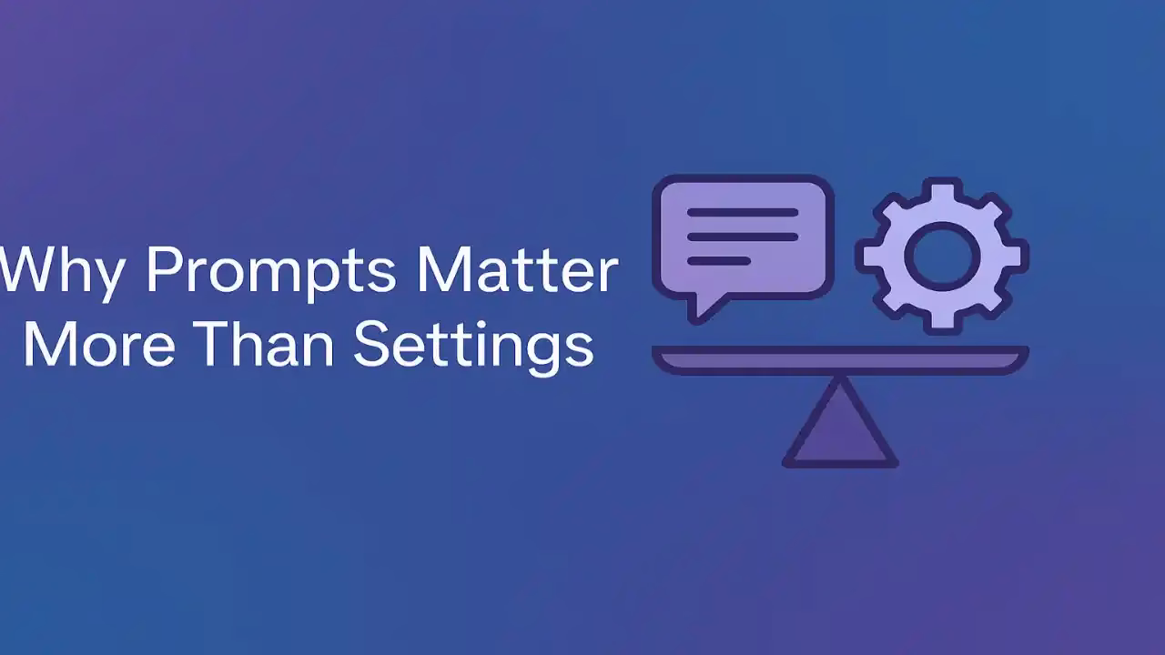 Horizontal banner illustrating “Why Prompts Matter More Than Settings” from the MidJourney Prompt Guide, featuring a balanced scale with a speech bubble and gear icon symbolizing the importance of words over technical adjustments.