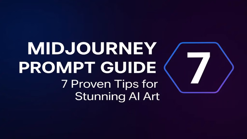 Horizontal banner for MidJourney Prompt Guide, showing bold typography and a futuristic gradient background with the number 7, representing seven proven tips for creating stunning AI art.