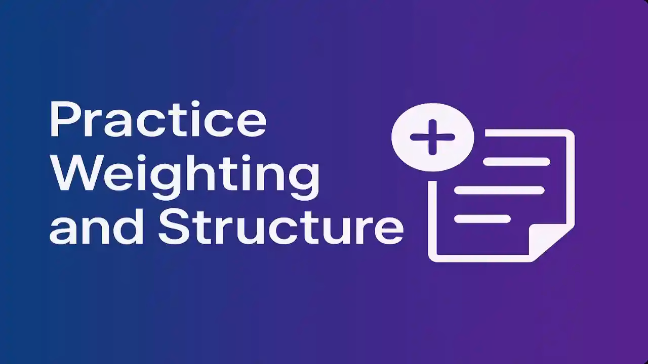 Horizontal banner for the MidJourney Prompt Guide, showing the phrase “Practice Weighting and Structure” beside a minimalist icon of document lines with a plus symbol, symbolizing balance and organization in crafting structured AI prompts.