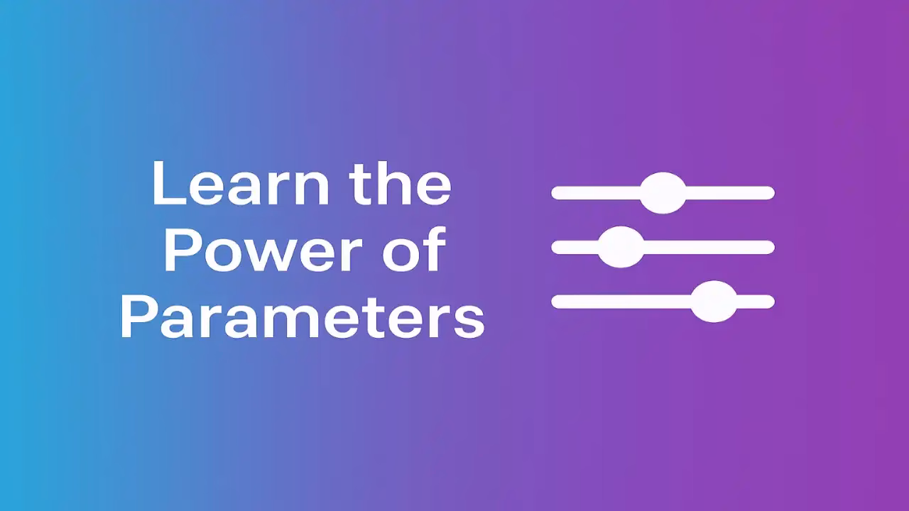 Horizontal banner for the MidJourney Prompt Guide, showing the phrase “Learn the Power of Parameters” beside three glowing sliders on a blue-to-purple gradient background, symbolizing control, precision, and customization in AI art creation.