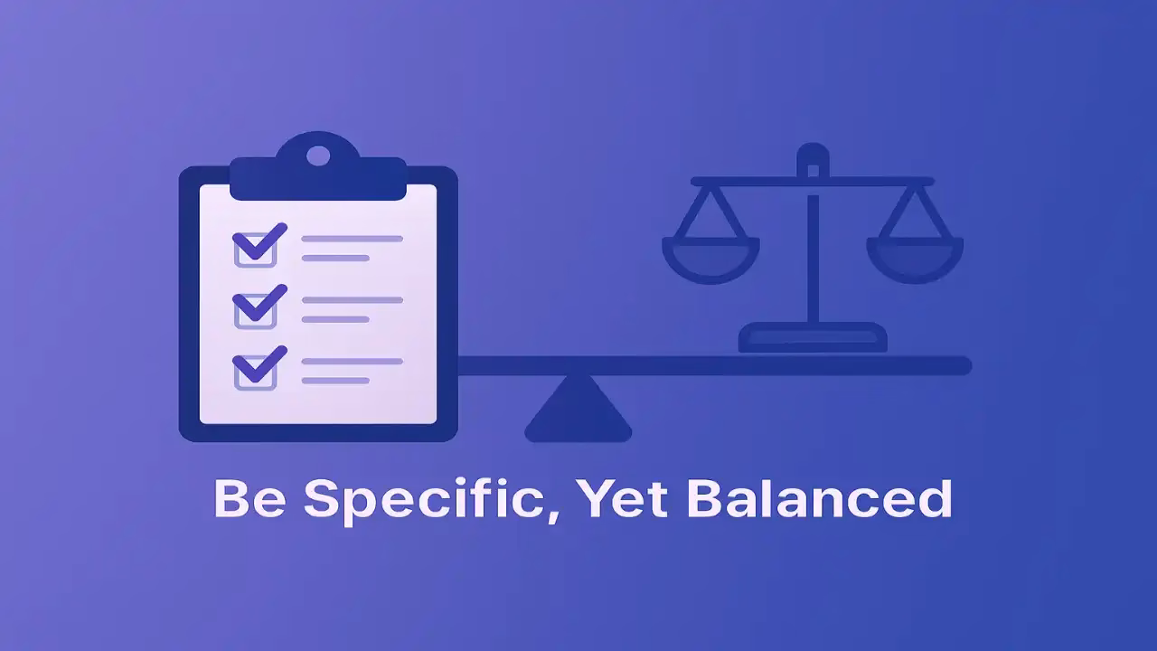Horizontal banner for the MidJourney Prompt Guide, illustrating the concept “Be Specific, Yet Balanced” with a checklist and a scale symbolizing clarity and moderation in AI prompt writing.