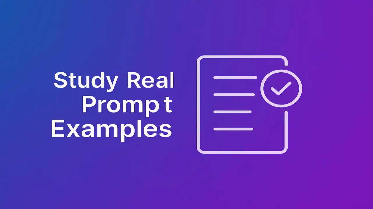 Horizontal banner for the MidJourney Prompt Guide, showing the phrase “Study Real Prompt Examples” beside a minimal document icon with a checkmark, symbolizing learning through real prompt samples and AI-generated results.