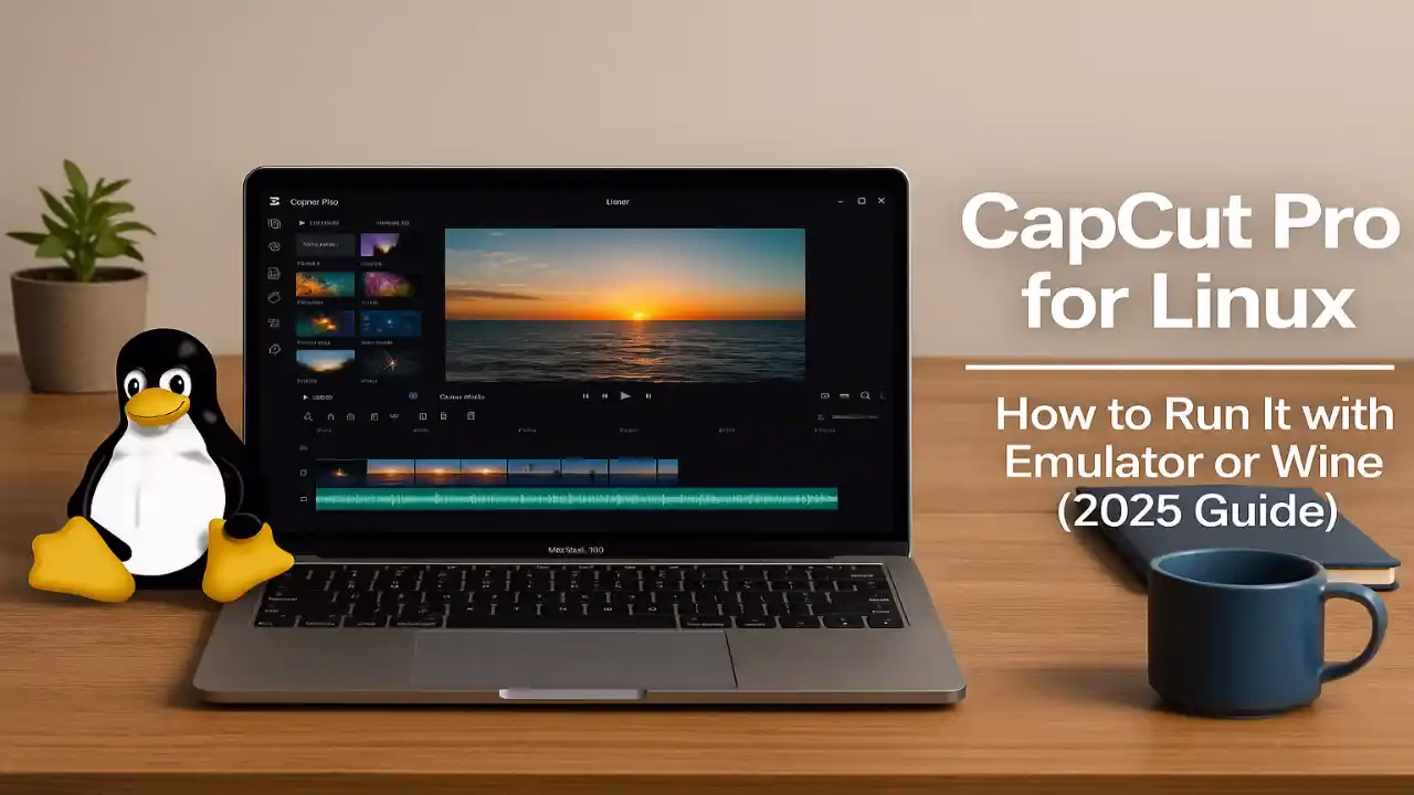 CapCut Pro for Linux — Run with Wine or Emulator (2025) | Info All Tec A professional horizontal banner showing a Linux laptop displaying the CapCut Pro video editor interface with terminal code lines beside it, representing a 2025 tutorial on CapCut Pro for Linux using Wine or an emulator.