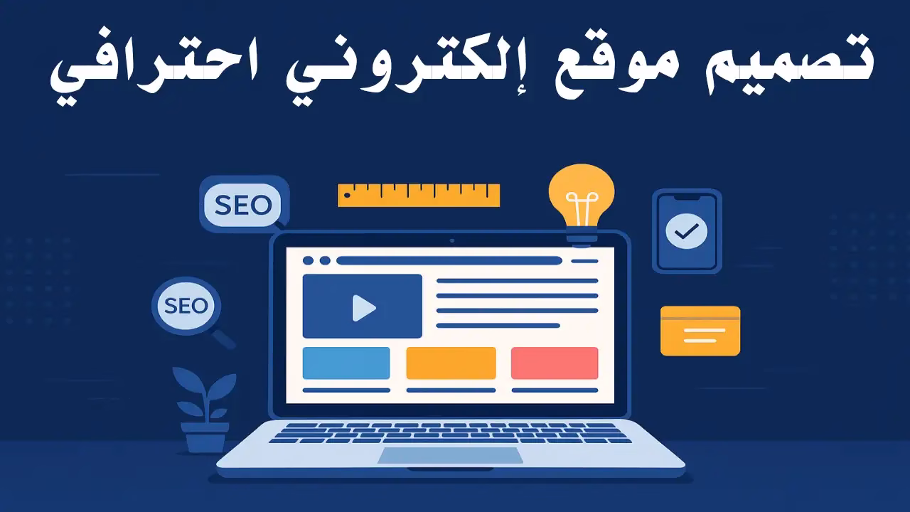 صورة توضح عناصر تصميم موقع إلكتروني احترافي في 2025، تشمل شاشة لابتوب، رموز SEO، وتجربة المستخدم.
