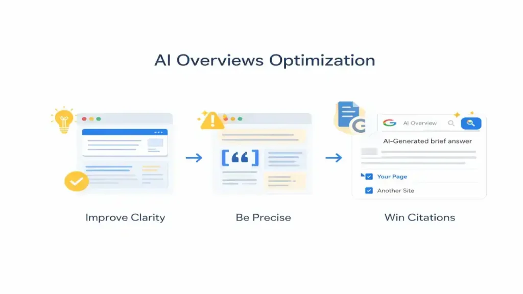 Illustration showing AI Overviews optimization with structured content and clear headings