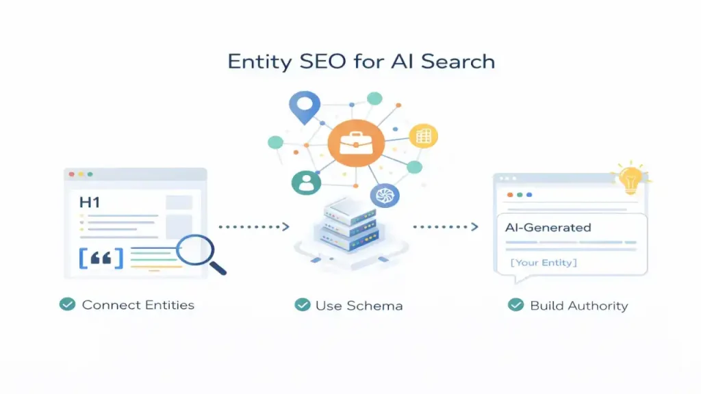 Illustration showing entity SEO and how AI search understands trusted brands and topics