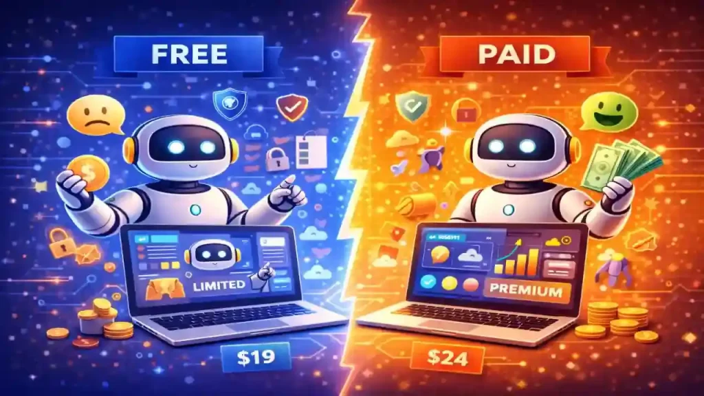 Free vs paid AI productivity tools comparison showing features and pricing differences