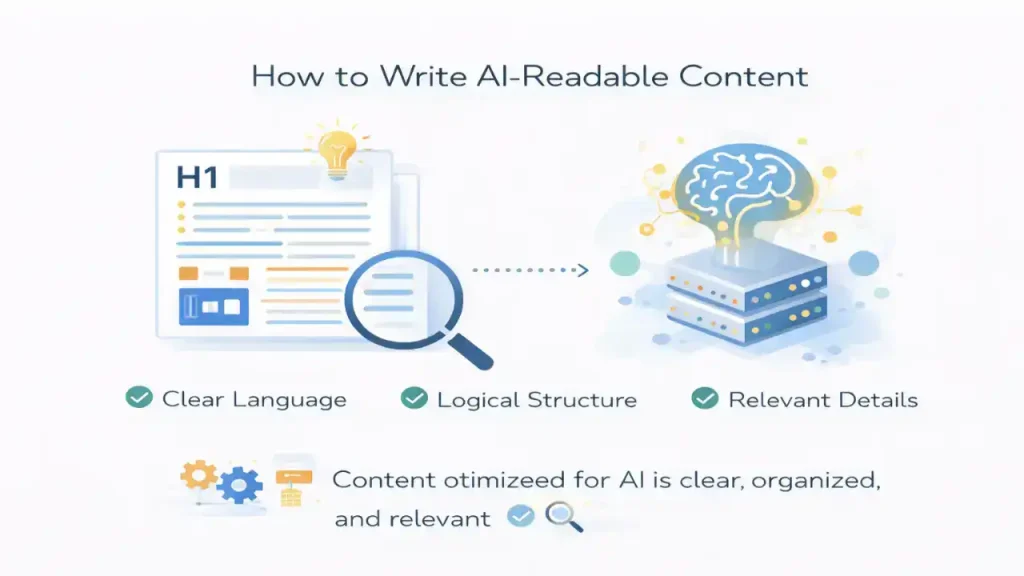 How to Write AI-Readable Content for GEO | Info All Tec Illustration showing how clear and structured content becomes easy for AI systems to understand