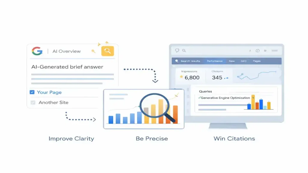 Illustration showing tracking AI Overviews traffic using analytics dashboards and search data