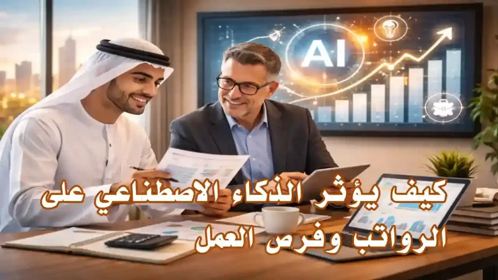 كيف يؤثر الذكاء الاصطناعي على الرواتب وفرص العمل في 2026؟ | Info All Tec كيف يؤثر الذكاء الاصطناعي على الرواتب وفرص العمل موضحة بصورة لمختصين يناقشون بيانات اقتصادية وتحليل نمو الوظائف في بيئة عمل حديثة