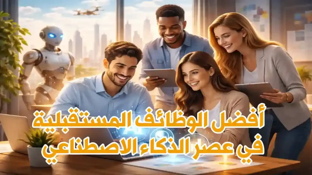 أفضل الوظائف المستقبلية في عصر الذكاء الاصطناعي موضحة بصورة لأشخاص يعملون مع التقنيات الحديثة في بيئة عمل تعاونية تعكس فرص العمل المستقبلية