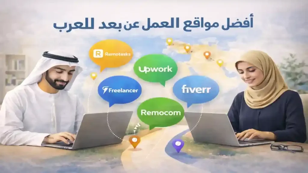 أفضل مواقع العمل عن بُعد للعرب موضحة من خلال محترفين عرب يعملون عبر منصات رقمية مختلفة باستخدام الحاسوب من منازلهم