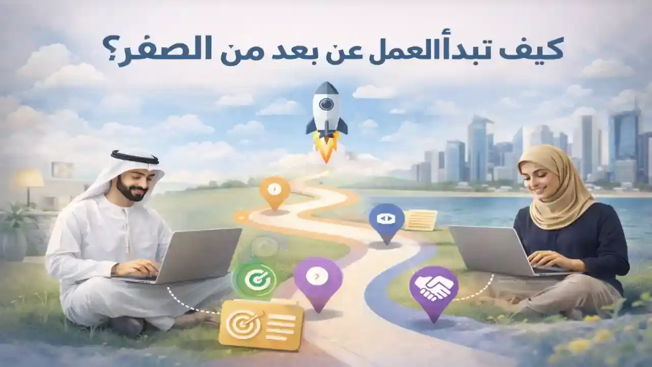 بدء العمل عن بُعد من الصفر موضح بمسار تطور مهني يبدأ بالتعلم وينتهي بالعمل عبر الإنترنت باستخدام الحاسوب