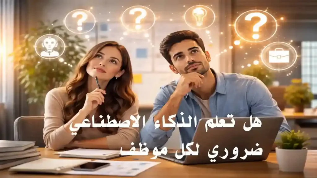 هل تعلم الذكاء الاصطناعي ضروري لكل موظف موضحة بصورة لموظفين يفكرون في مستقبلهم المهني ويتساءلون عن أهمية تعلم الذكاء الاصطناعي في سوق العمل الحديث