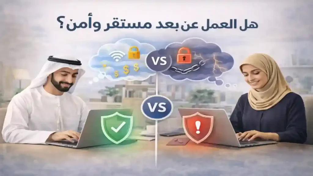 هل العمل عن بُعد مستقر وآمن موضح من خلال مقارنة بصرية بين الأمان الوظيفي والمخاطر المحتملة في بيئة العمل عن بُعد